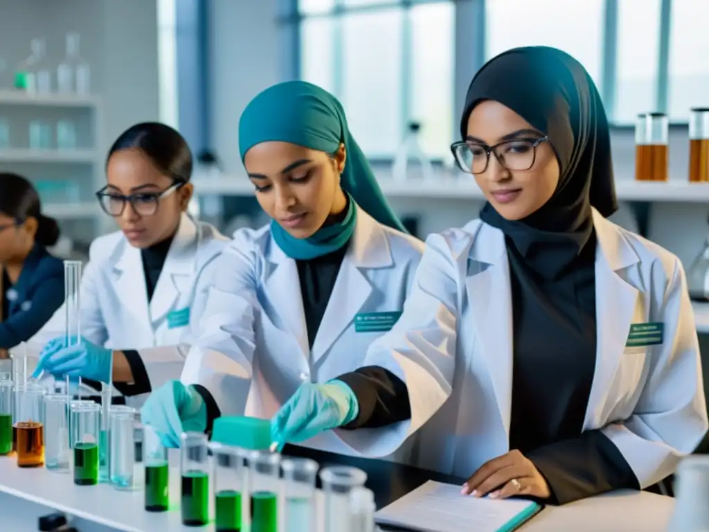 Grupo de mujeres musulmanas en la ciencia realizando experimentos en laboratorio con equipo científico, mostrando su dedicación e innovación