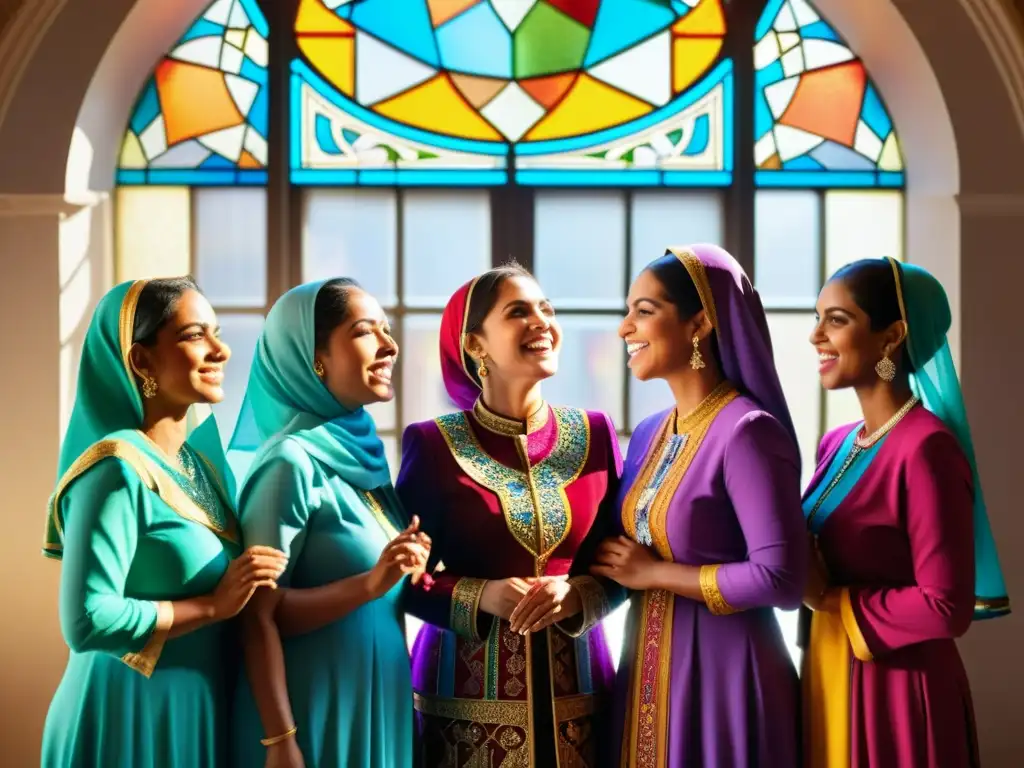 Un grupo de mujeres musulmanas viste coloridos atuendos tradicionales mientras cantan juntas bajo una hermosa luz de vitral