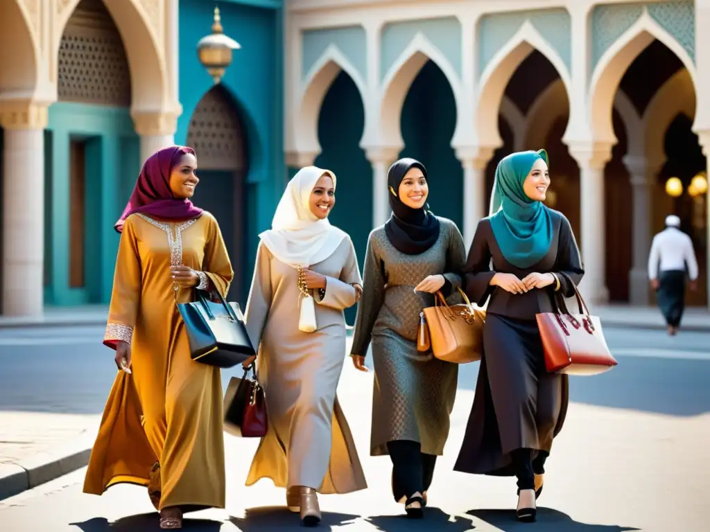 Grupo de mujeres musulmanas con coloridos atuendos en una ciudad vibrante, fusionando tradición y modernidad