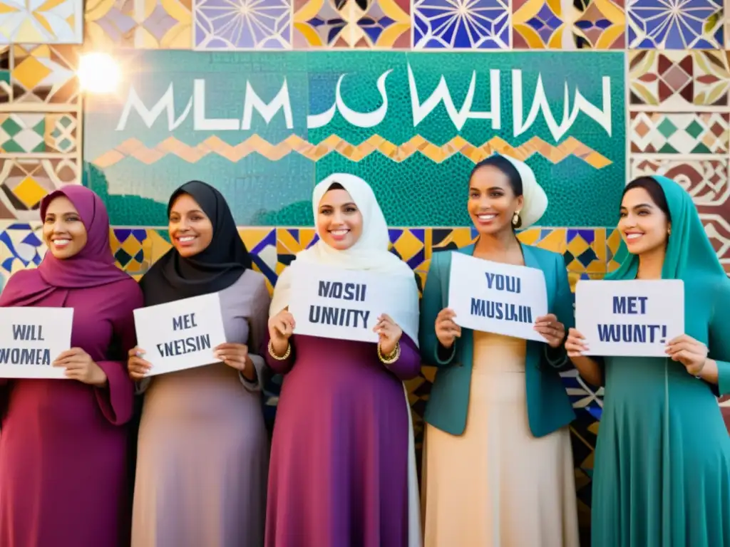 Un grupo de mujeres musulmanas diversas posan frente a un muro de mosaico vibrante, llevando letreros con mensajes empoderadores en árabe