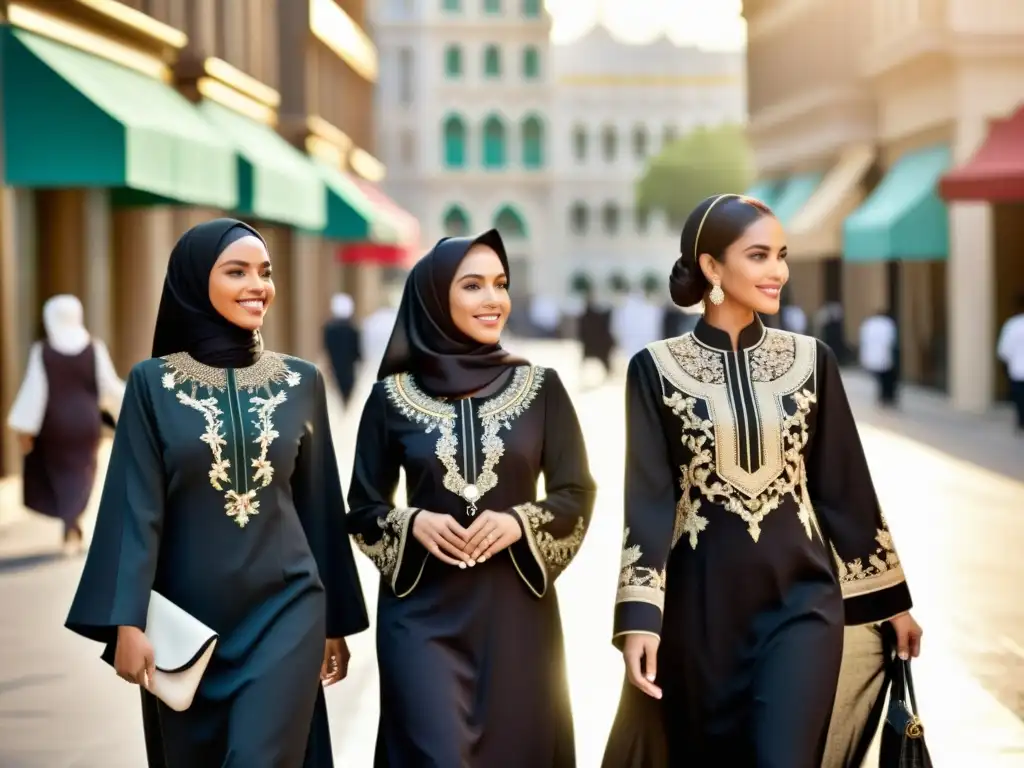 Un grupo de mujeres musulmanas diversas caminan con confianza por la bulliciosa calle de la ciudad luciendo abayas de autor moda islámica