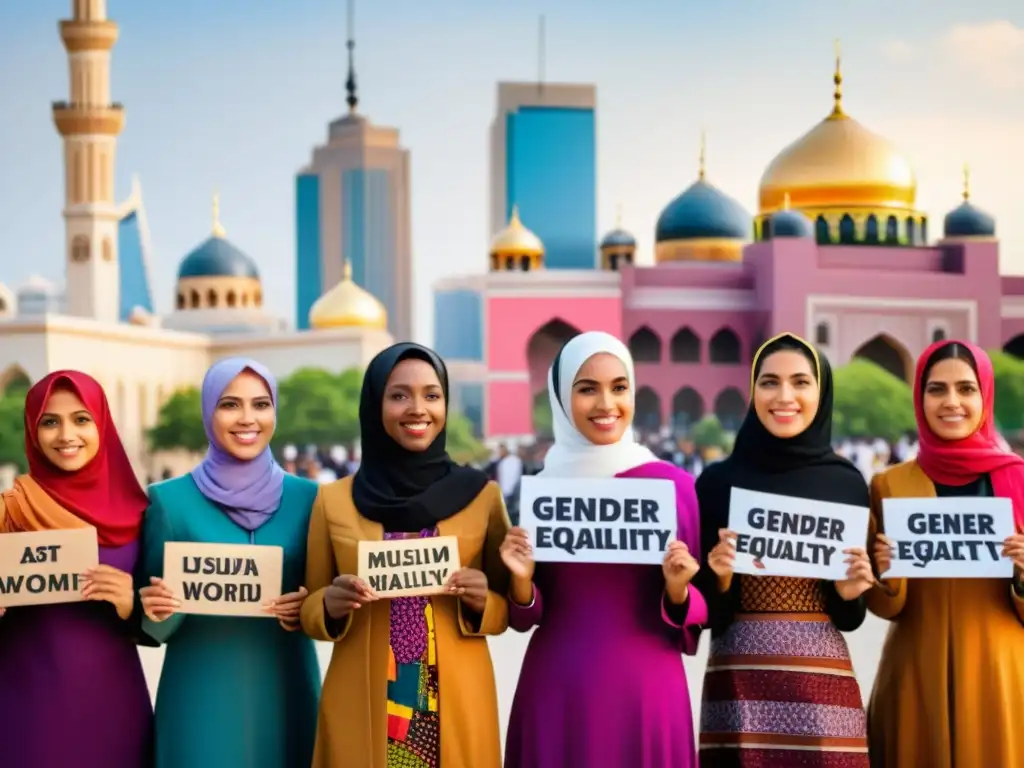 Un grupo de mujeres musulmanas diversas en una ciudad, con letreros de igualdad de género