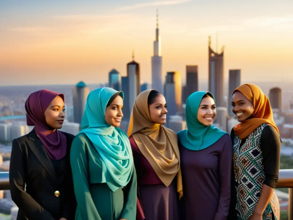 Un grupo de mujeres musulmanas diversas, unidas en solidaridad, con la ciudad moderna de fondo