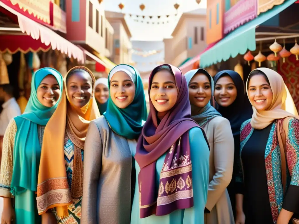 Un grupo de mujeres musulmanas diversas, con hijabs únicos, se reúnen en un bullicioso mercado, mostrando confianza y orgullo