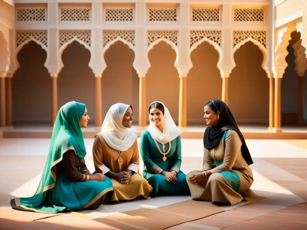 Un grupo de mujeres musulmanas diversas, conversando en un patio soleado