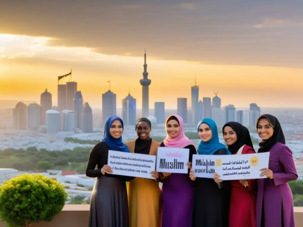 Un grupo de mujeres musulmanas diversas con hijabs coloridos y ropa tradicional sostienen pancartas con mensajes empoderadores en caligrafía árabe, frente al skyline de la ciudad, destacando la determinación y la solidaridad por los Derechos de la mujer en el mundo islámico