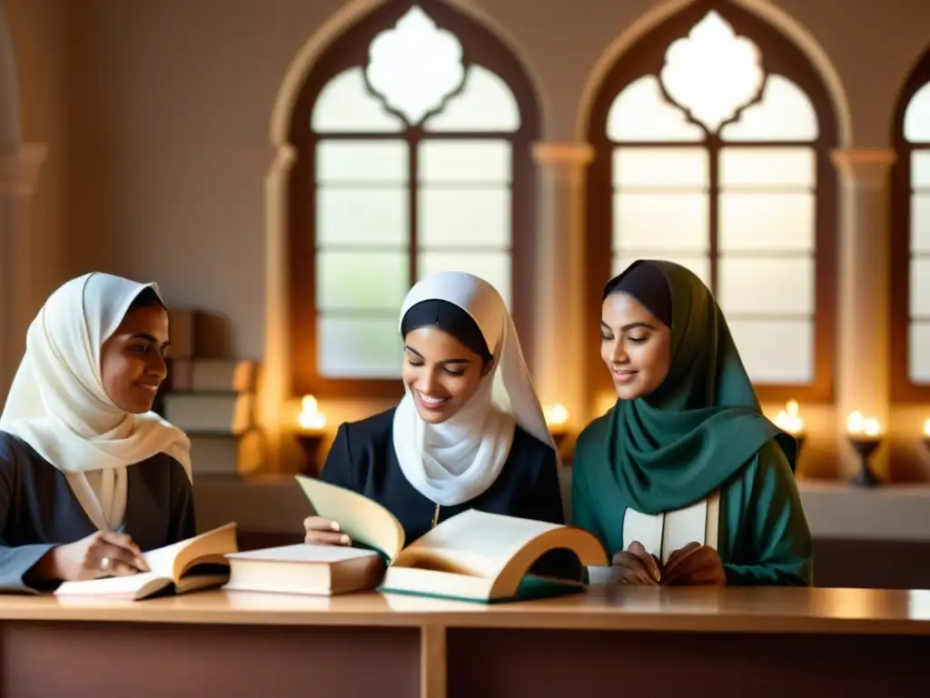 Un grupo de mujeres musulmanas educadoras en el Islam comparten sabiduría en un ambiente sereno y digno, rodeadas de libros y materiales educativos