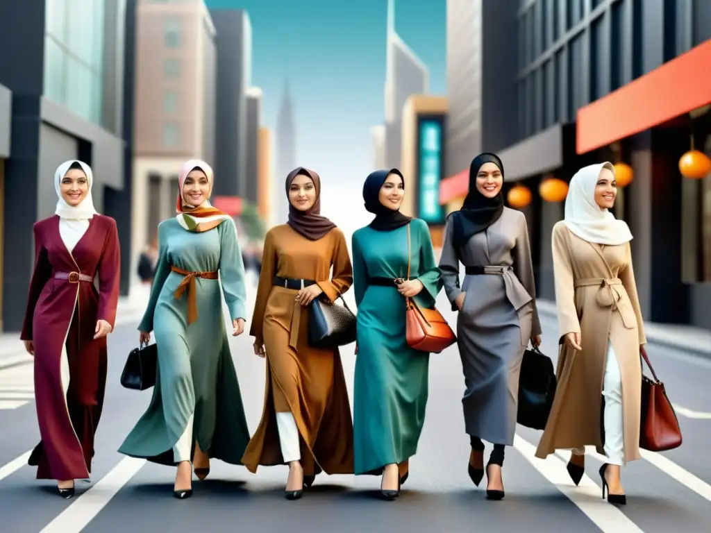 Un grupo de mujeres musulmanas elegantes muestra las tendencias de moda islámica de la temporada mientras pasean por una bulliciosa calle de la ciudad