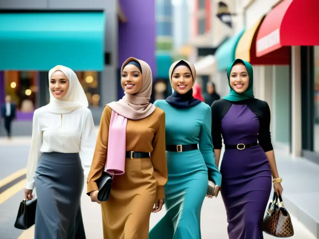 Un grupo de mujeres musulmanas elegantes, vistiendo modernos y vibrantes hijabs, caminando con confianza por una concurrida calle urbana