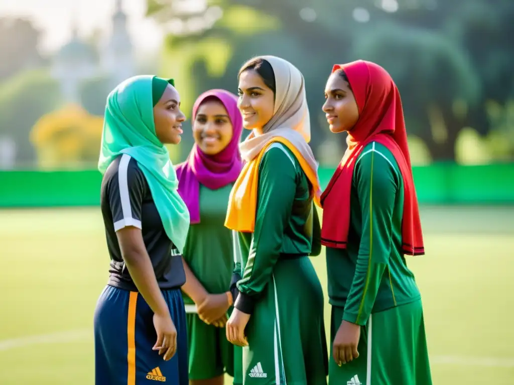 Grupo de mujeres musulmanas empoderadas en un campo de fútbol, listas para jugar con determinación