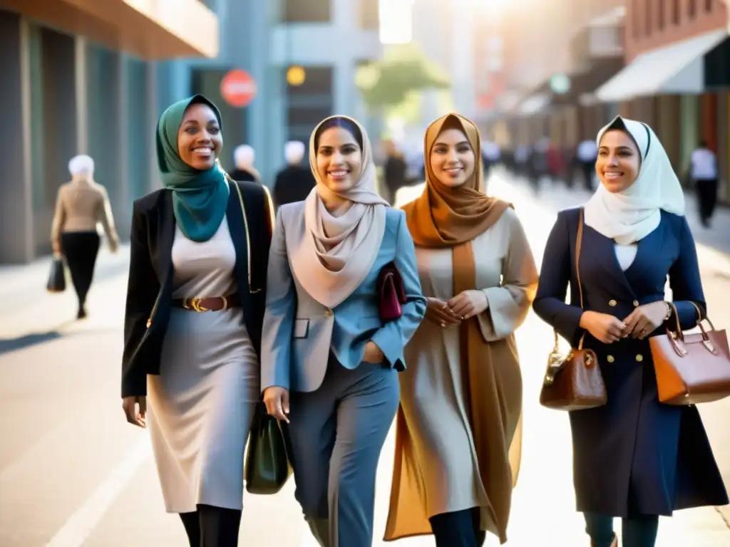 Grupo de mujeres musulmanas empoderadas caminando por la ciudad occidental con confianza y diversidad cultural