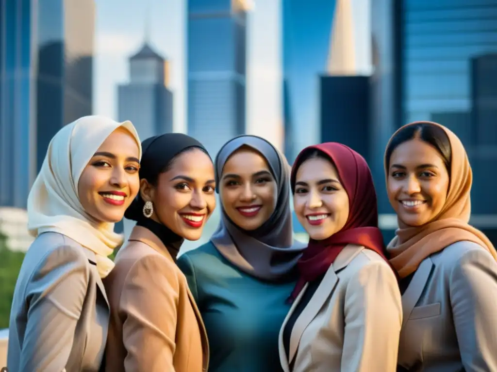 Grupo de mujeres musulmanas empoderadas en la ciudad occidental, mostrando diversidad y unidad