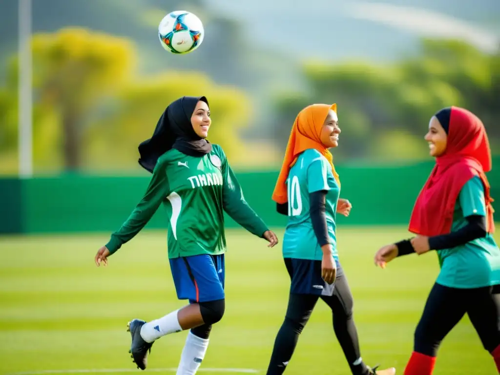 Grupo de mujeres musulmanas empoderadas juegan fútbol con entusiasmo en un campo verde soleado