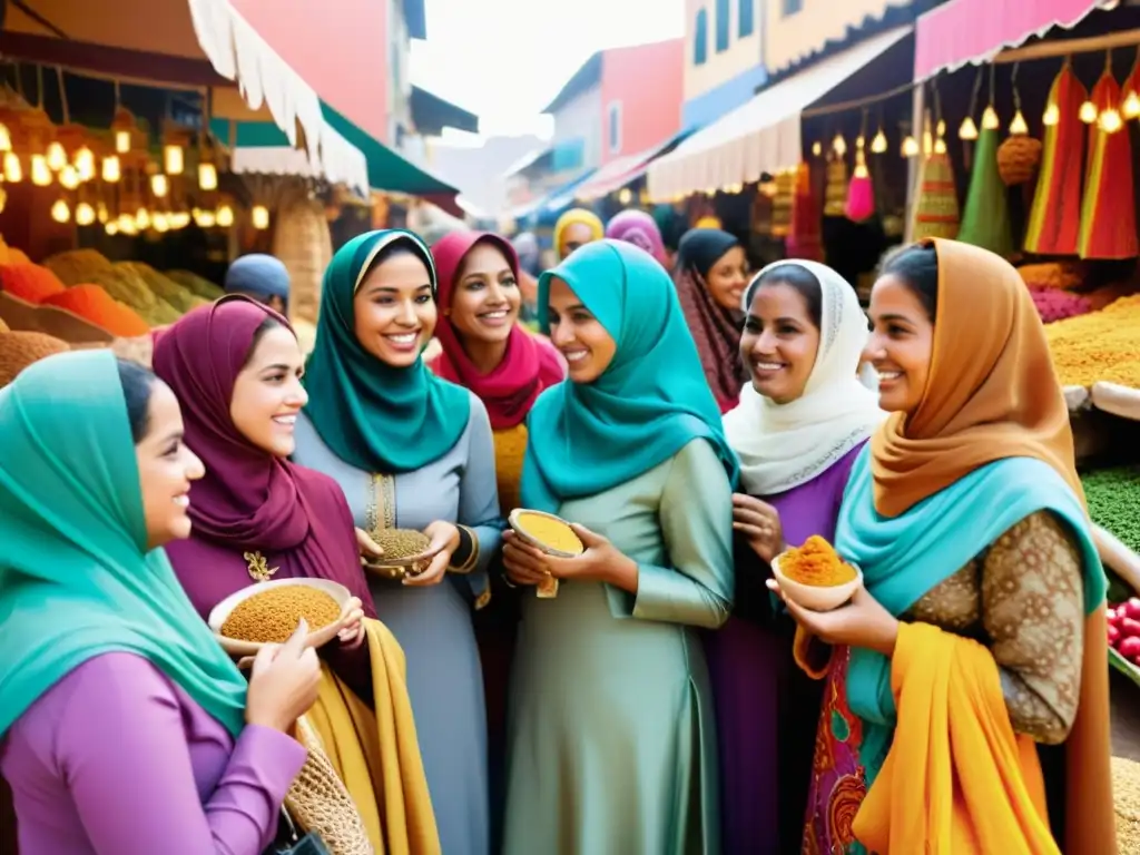 Grupo de mujeres musulmanas empoderadas en un bullicioso mercado asiático, vistiendo trajes tradicionales coloridos y expresando solidaridad y fuerza