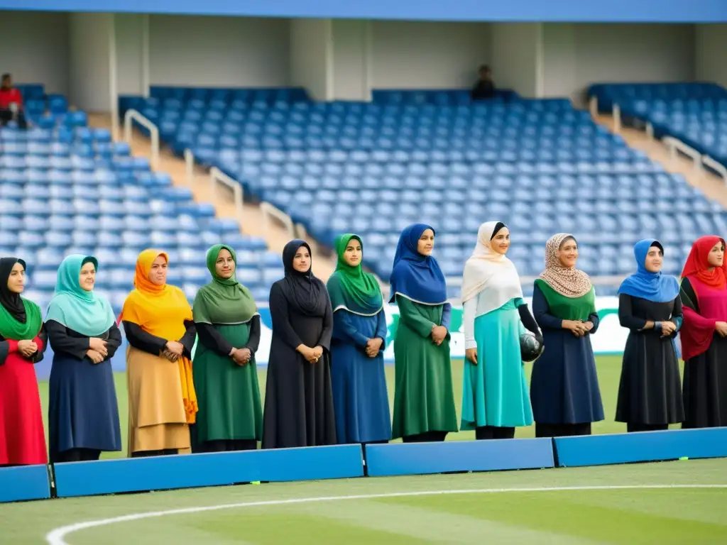 Grupo de mujeres musulmanas empoderadas juegan fútbol en estadio soleado, promoviendo la inclusión y el empoderamiento mujeres Islam deporte