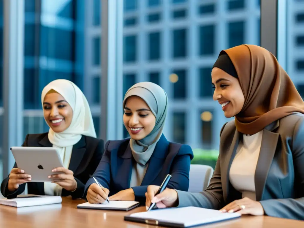 Un grupo de mujeres musulmanas emprendedoras discuten con pasión en una oficina moderna, expresando empoderamiento y determinación