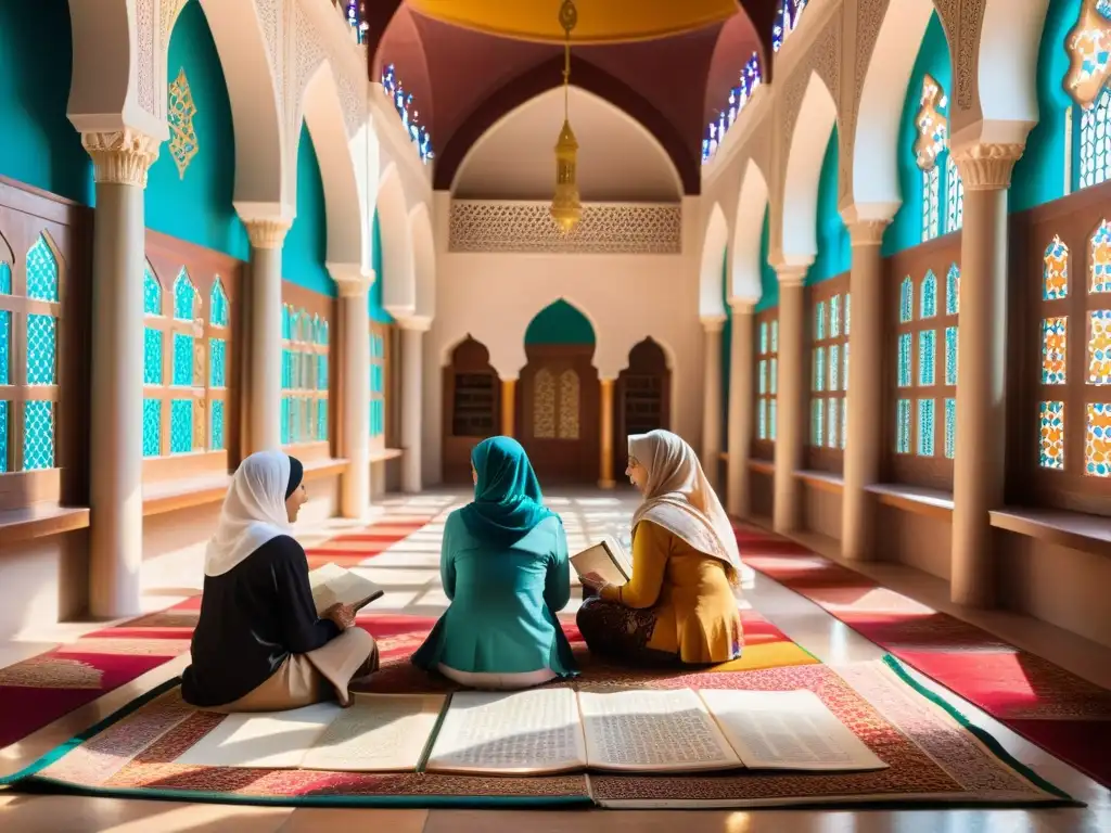 Un grupo de mujeres musulmanas conversa animadamente en una hermosa mezquita, destacando el rol de las mujeres en la cultura islámica