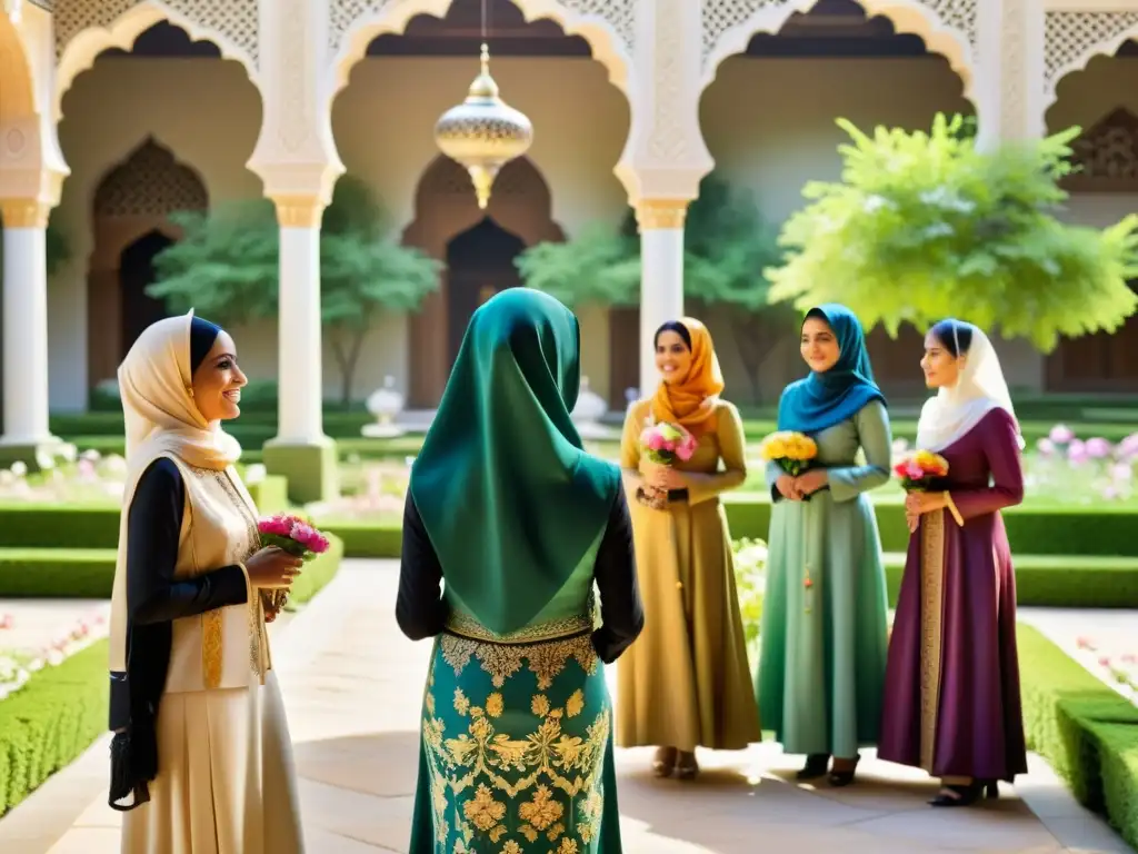 Un grupo de mujeres musulmanas en un hermoso patio, discutiendo iniciativas filantrópicas, destacando el rol de las mujeres en la filantropía islámica