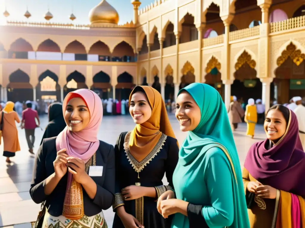 Grupo de mujeres musulmanas con hijabs coloridos en un mercado vibrante, expresando la importancia de la mujer musulmana en comunidad y empoderamiento