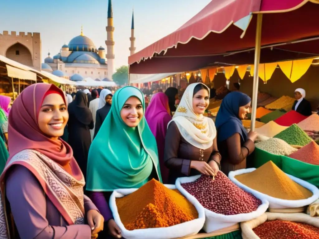 Grupo de mujeres musulmanas con hijabs coloridos en un bullicioso mercado, exudando orgullo cultural y fuerza