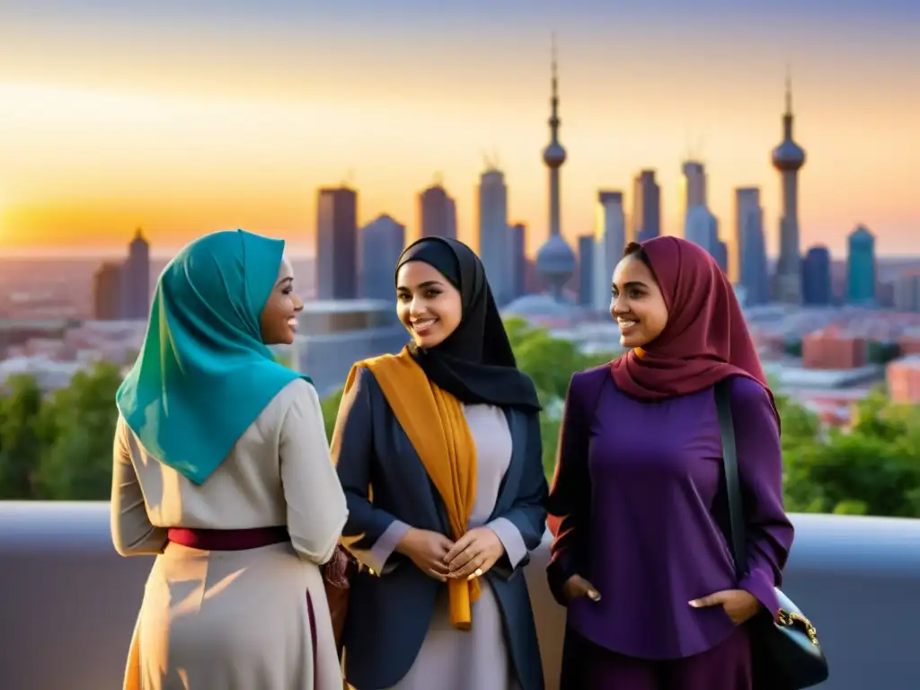 Un grupo de mujeres musulmanas con hijabs coloridos conversan frente a una ciudad moderna al atardecer