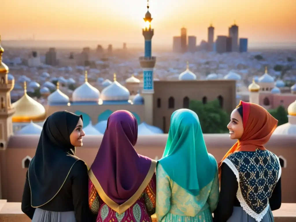 Un grupo de mujeres musulmanas unidas, vistiendo hijabs coloridos y con determinación en sus ojos, desafían retos en una ciudad