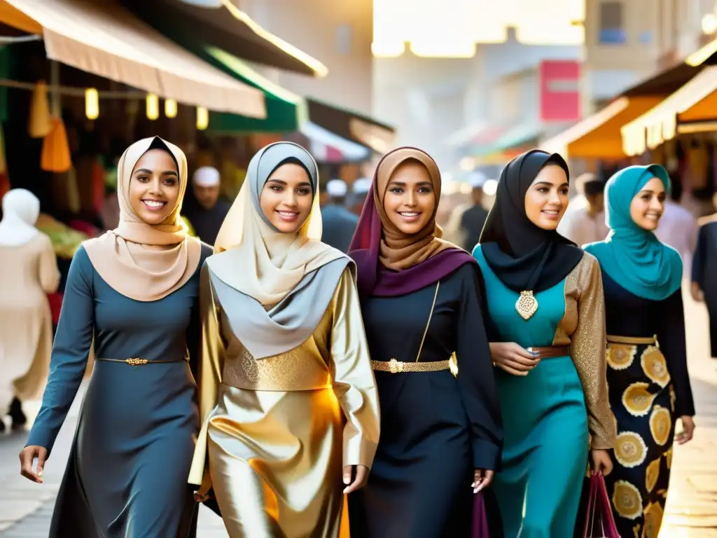 Un grupo de mujeres musulmanas jóvenes caminan con confianza por un bullicioso mercado urbano, vistiendo elegantes y coloridos hijabs y abayas