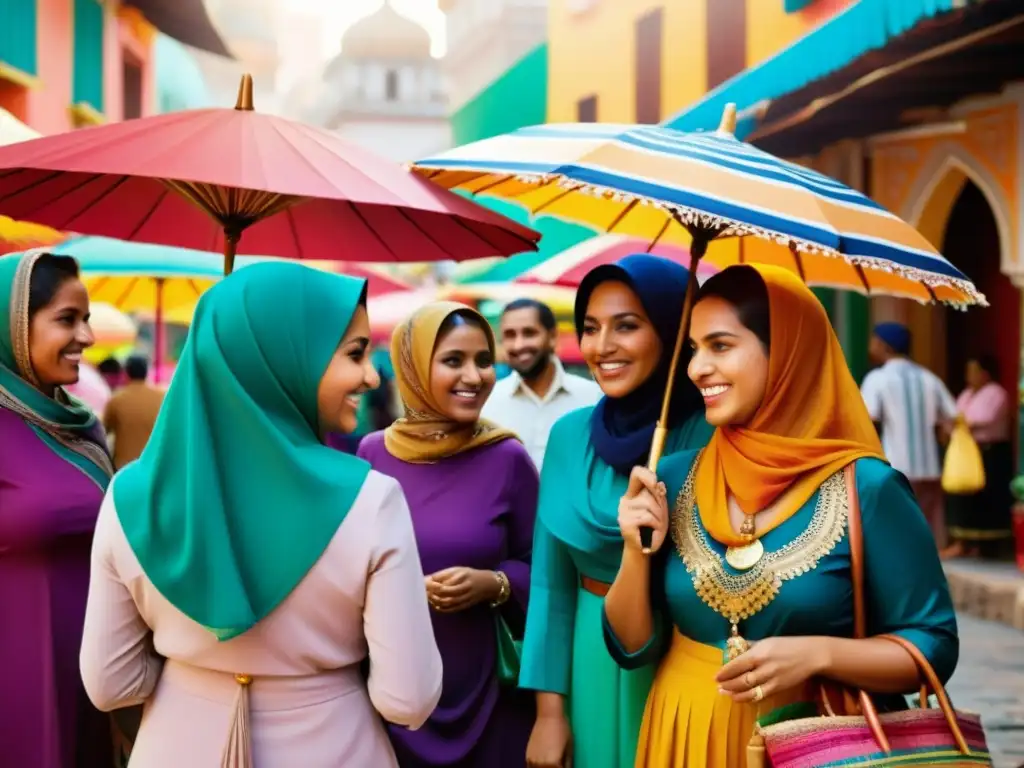 Un grupo de mujeres musulmanas en América Latina, conversan animadamente en un bullicioso mercado, con atuendos tradicionales y coloridos