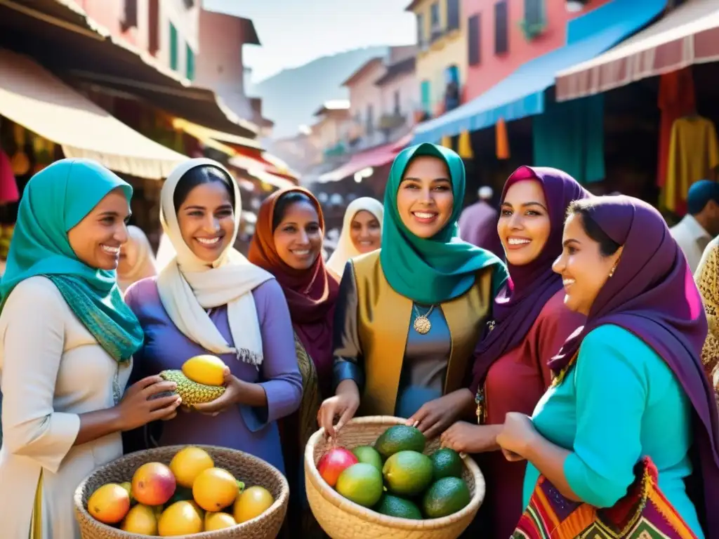 Un grupo de mujeres musulmanas en América Latina conversando en un bullicioso mercado, vistiendo coloridos atuendos y pañuelos