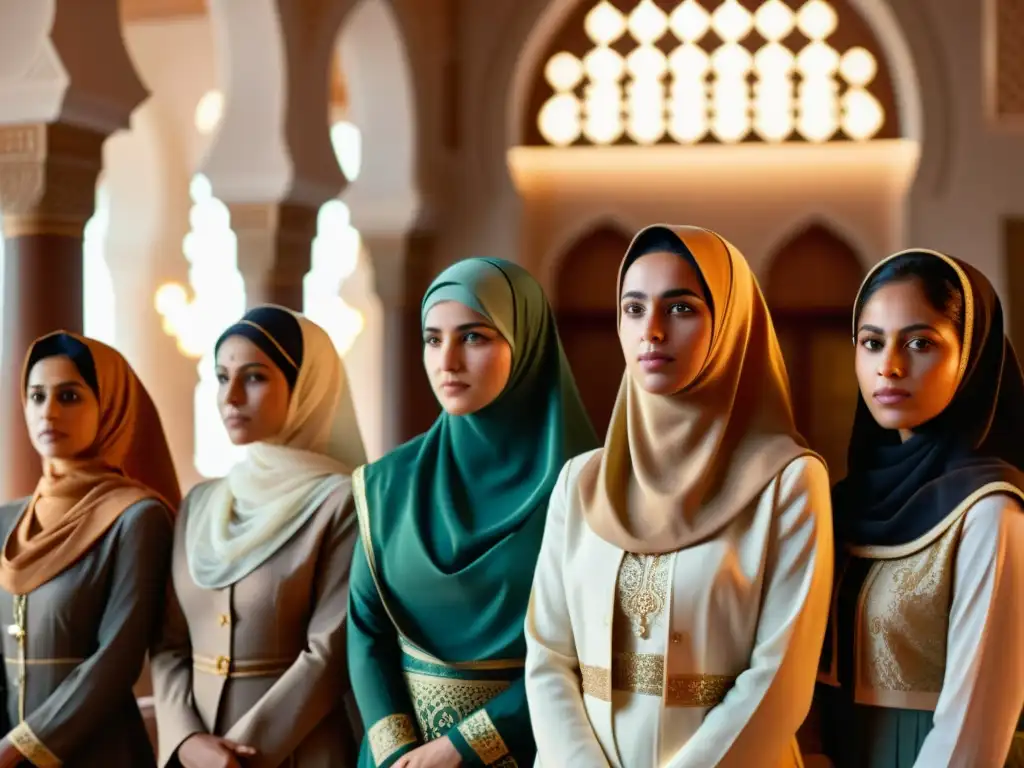 Un grupo de mujeres musulmanas discuten liderazgo religioso en una mezquita, mostrando determinación y empoderamiento
