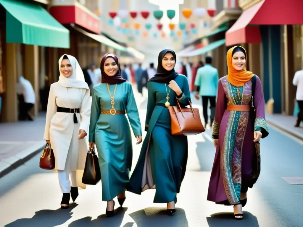 Un grupo de mujeres musulmanas con una mezcla impresionante de prendas islámicas modernas y tradicionales caminan por una bulliciosa y diversa calle de la ciudad