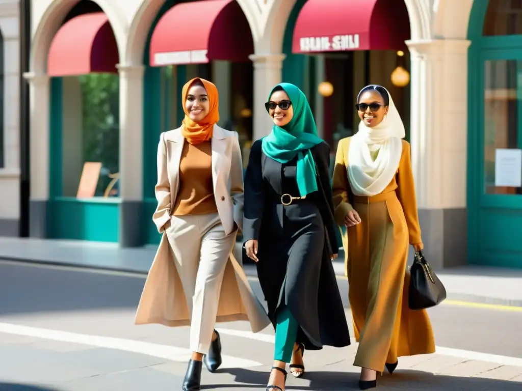 Grupo de mujeres musulmanas con moda en el mundo islámico, paseando seguras por la ciudad entre arquitectura diversa bajo una cálida luz solar