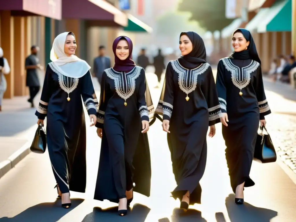 Grupo de mujeres musulmanas modernas paseando por la ciudad con abayas bellamente bordadas, representando la evolución histórica de la Abaya islámica