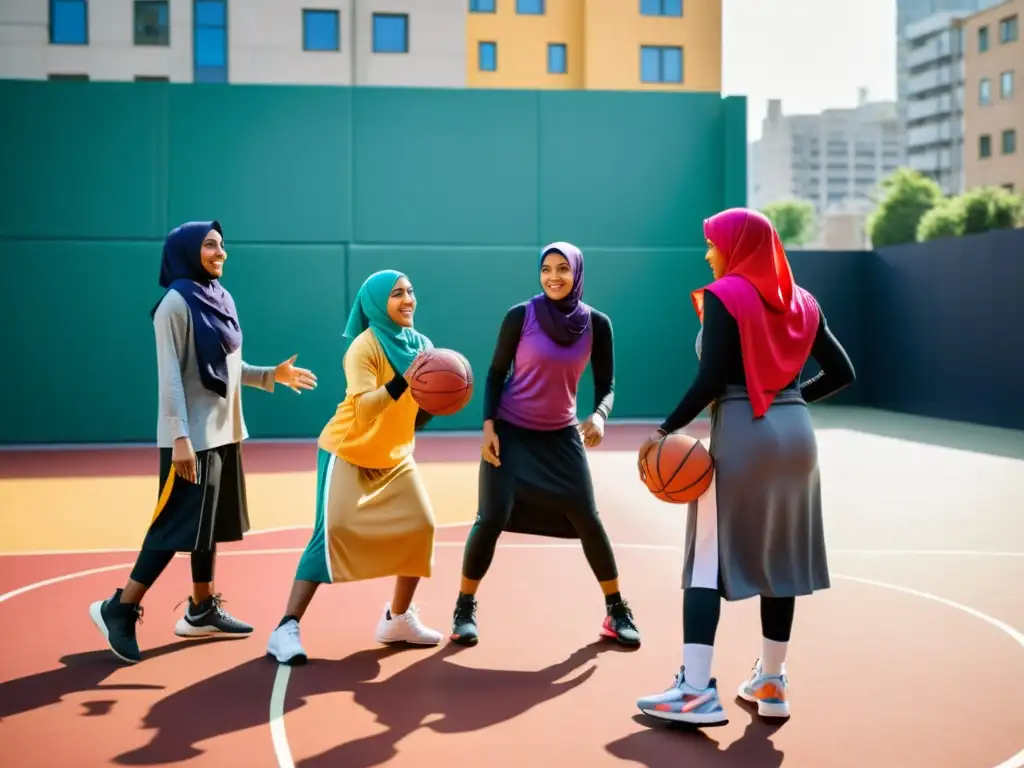 Grupo de mujeres musulmanas modernas, con hijabs coloridos, juegan al baloncesto en una cancha urbana, mostrando empoderamiento a través del deporte