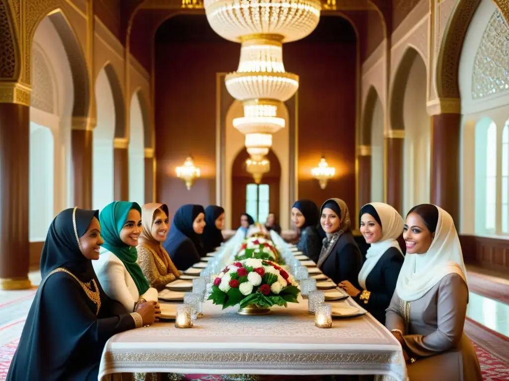 Un grupo de mujeres musulmanas participa en negociaciones diplomáticas en un lujoso salón