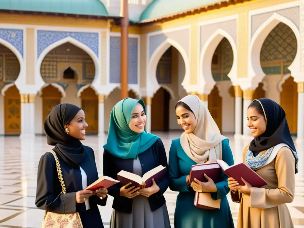 Grupo de mujeres musulmanas en un patio con arcos y azulejos, mostrando empoderamiento en la educación islámica