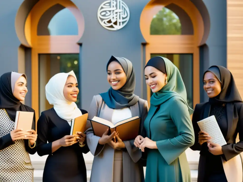 Grupo de mujeres musulmanas seguras y diversas en un centro cultural islámico moderno, discutiendo y liderando seminarios