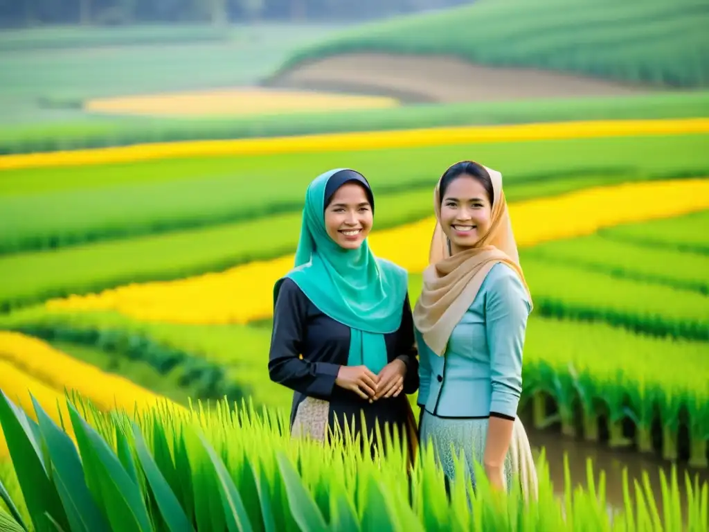 Grupo de mujeres musulmanas sonrientes cosechando arroz en campo vietnamita al atardecer