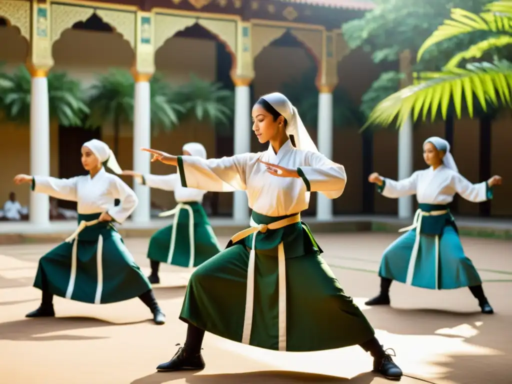 Un grupo de mujeres musulmanas en uniformes de artes marciales ejecutando una rutina sincronizada con destreza y determinación en un patio soleado