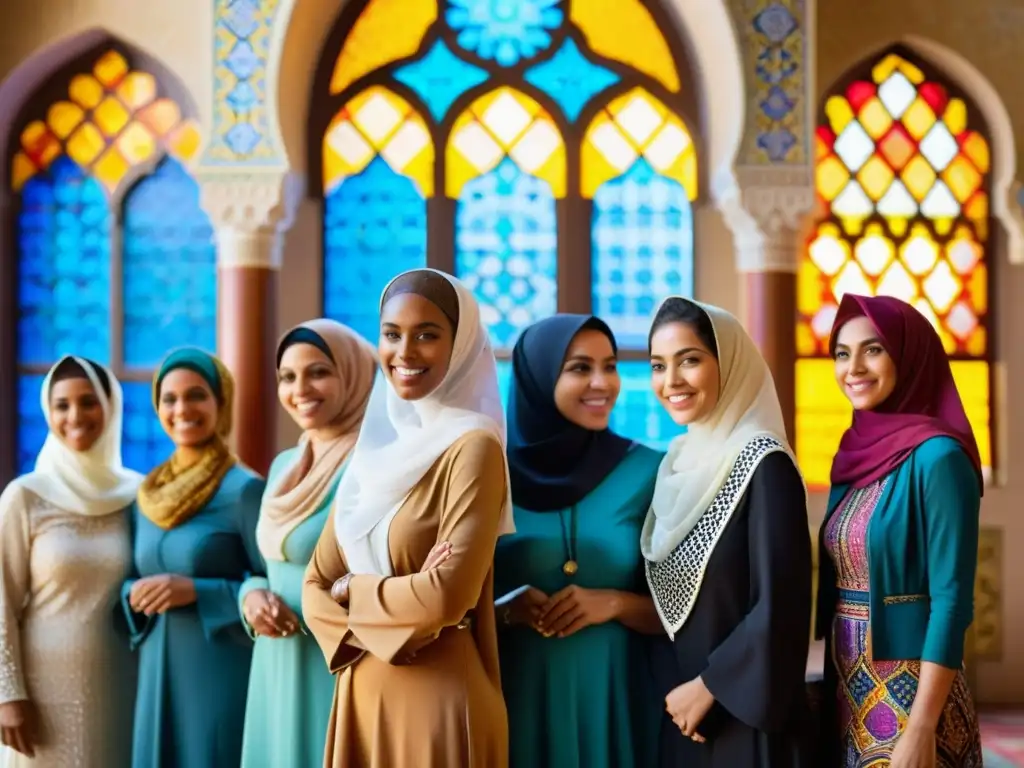 Grupo de mujeres musulmanas con velos en una mezquita histórica, destacando la diversidad cultural de las vestimentas islámicas