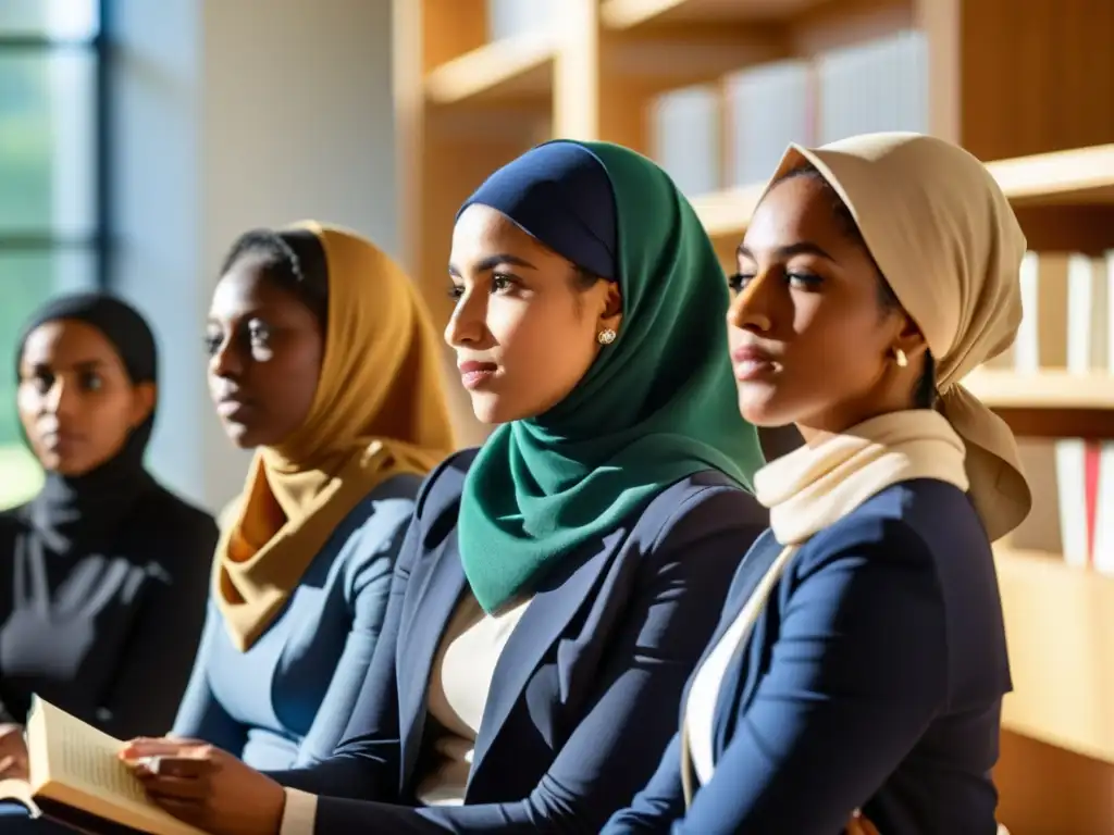 Un grupo de mujeres musulmanas diversas, vestidas con atuendos académicos, colaboran y discuten en una sala de conferencias universitaria moderna