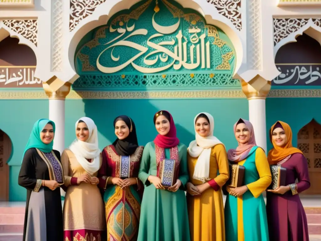 Grupo de mujeres musulmanas con vestidos tradicionales, en una mezquita decorada bellamente