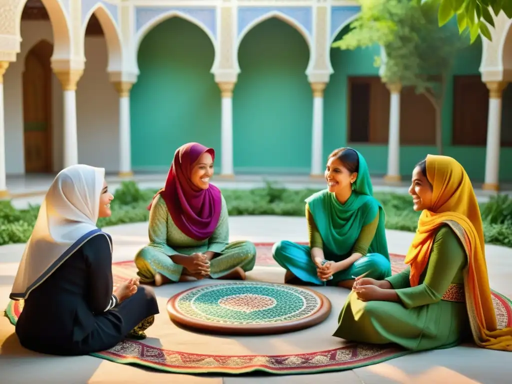 Un grupo de mujeres en un patio soleado, vistiendo atuendos islámicos coloridos, comparten narrativas orales, transmitiendo empoderamiento y solidaridad en su papel en la tradición literaria islámica contemporánea