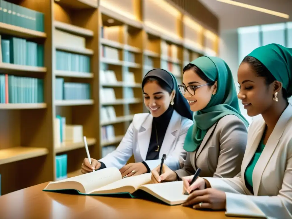 Un grupo de mujeres pioneras en medicina islámica estudian juntas en una moderna biblioteca médica, combinando tradición y modernidad