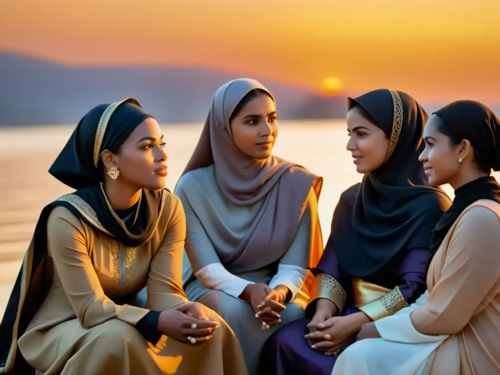 Un grupo de mujeres pioneras del pensamiento islámico en profunda discusión bajo el cálido resplandor del atardecer