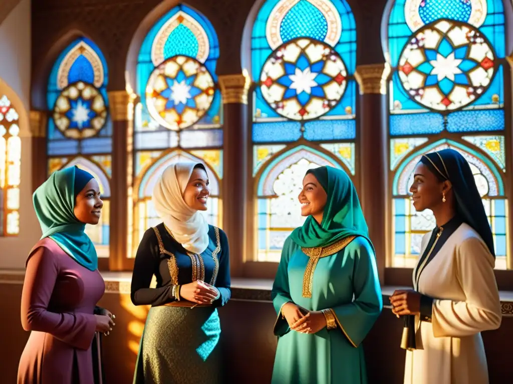 Un grupo de mujeres pioneras en el pensamiento islámico conversan en una mezquita bellamente decorada