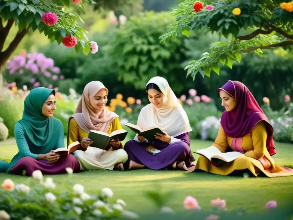 Un grupo de Mujeres poetas del Islam se reúnen en un jardín sereno, escribiendo y recitando poesía, envueltas en vestimenta tradicional vibrante