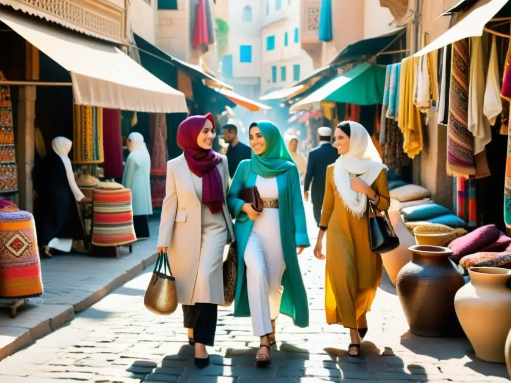 Un grupo de mujeres con ropa elegante y coloridos hiyabs caminan por un bullicioso mercado en una ciudad de Medio Oriente