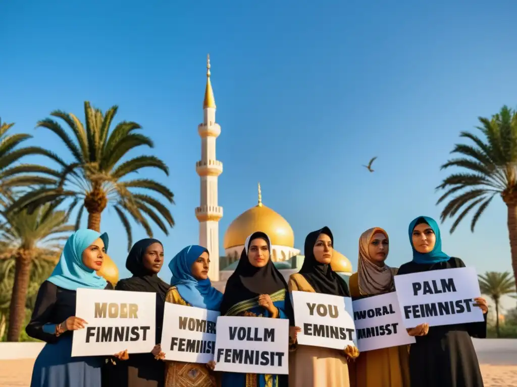 Grupo de mujeres en ropa islámica tradicional protestando con letreros feministas frente a una mezquita, bajo un cielo azul y palmeras