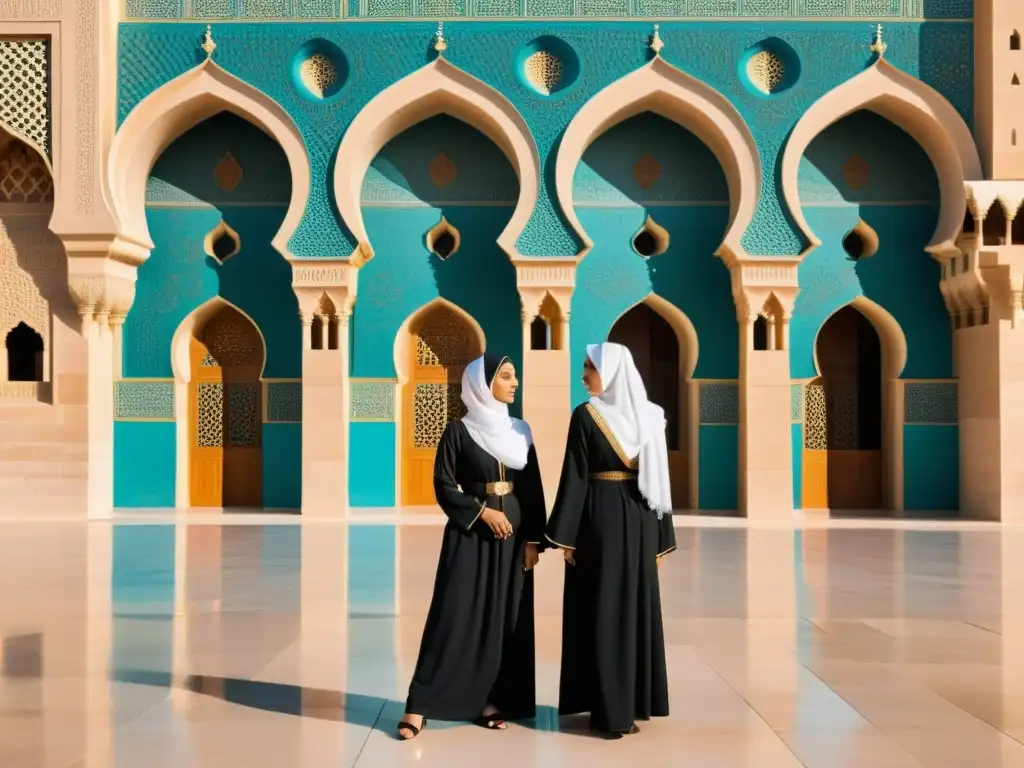 Un grupo de mujeres saudíes conversando frente a una hermosa mezquita, destacando el significado cultural del hijab en los países musulmanes